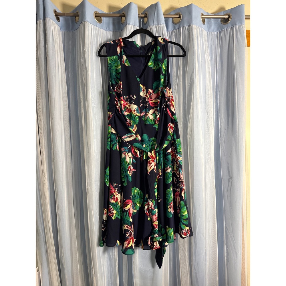 Tahari‎ Dress Womens 16 Navy Blue Tropical Floral Monstera Fit Flare